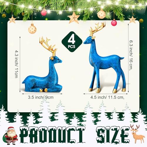 Thyle 4 Pcs Christmas Reindeer Decor Indoor Small Blue Resin Deer Figurine