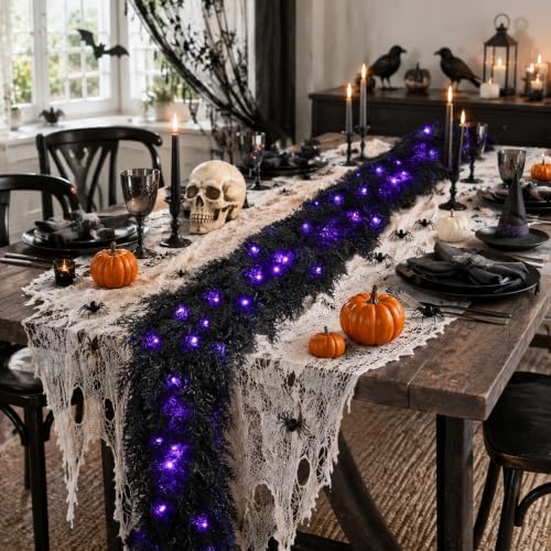 9FT Black Halloween Garland with Lights Realistic Prelit Christmas Garland