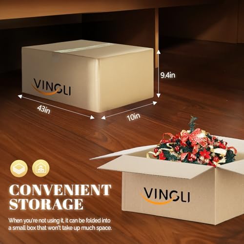 VINGLI 7ft Pre lit Pop Up Christmas Tree with Lights, Pre-Decorated Artificial Pencil Xmas Tree Collapsible Christmas Tree Holiday Party Decorations (Red&Gold)