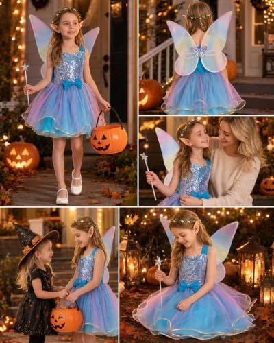 JoyRapt Fairy Costume Dress for Girls 3-10, Fairy Princess Pink Tutu Outfits Butterfly Wings Wand Headband Halloween Gifts