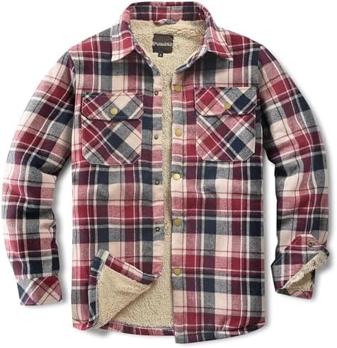 Men's Sherpa Cotton Flannel Shirt Jacket Plaid Button Coat Pocket