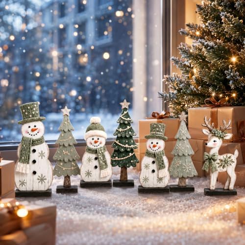 7 Pcs Christmas Table Decor Wooden Snowman Tree Deer Decor, Sage Green