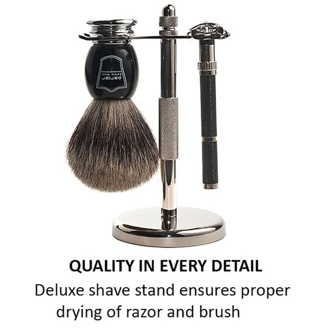 Parker Safety Razor 96R Men's Classic Bronze Butterfly Open Safety Razor Shave Set - Includes 3-Band Pure Badger Shave Brush, Chrome Stand & 5 Premium Double Edge Blades