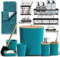 Clara Clark Bathroom Set - Teal Bathroom Accessories Set, 6PC Bathroom Accessory Set, Bathroom Sets with Bathroom Rugs, Adhesive Corner Shower Caddy Hanging, Toilet Brush, Trash Can & Soap Dispenser