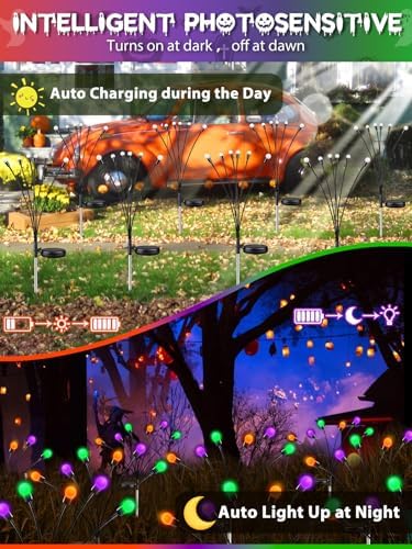 6PK Halloween Decorations Outdoor Solar Firefly Lights Orange Purple Green