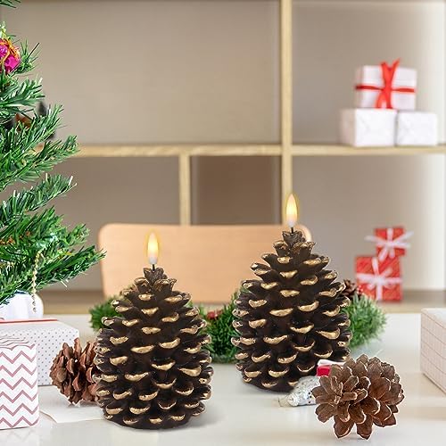 Wondise Flameless Candles with Timer, Battery Operated Flickering 3D Wick Real Wax Pine Cone Candles for Christmas Indoor Decoration, Set of 2, Brown(D3.5 x H6 Inch)