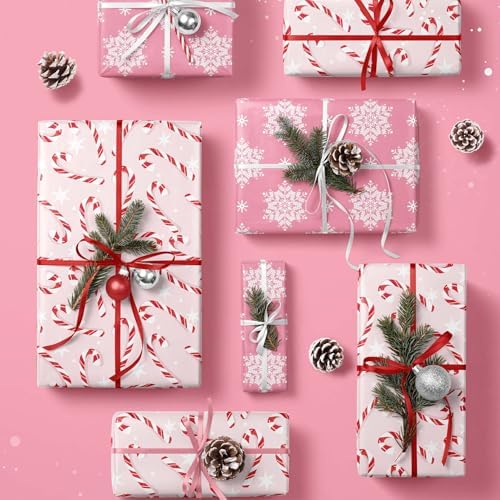 LaRibbons Pink Christmas Wrapping Paper, Reversible Snowflake & Candy Cane