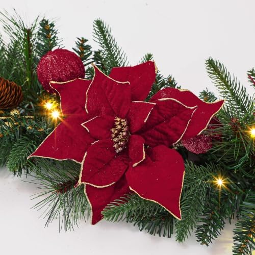 SHareconn 9FT Prelit Christmas Garland with Multi-Color LED Lights, Battery-Operated Timer, Includes Flower Ball & Poinsettia for Table Mantle Fireplace Indoor Outdoor Xmas Decor, Red and Gold, 9 FT