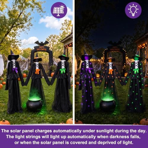 Halloween 65inch Light Up Witch Decoration Set of 3 Outdoor Graveyard Atmosphere Prop with Metal Base, Water-Proof Solar Powered Control Box & Remote LED Witches for Yard Haunted House Horror Decor
