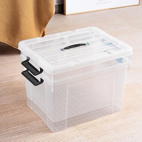 Cetomo Lidded Storage Bin with Handle, Storage Bins with Lid, Organizing Container with Secure Latching Buckles, Stackable and Nestable, Plastic, 50 Quart-6 Pack, Clear