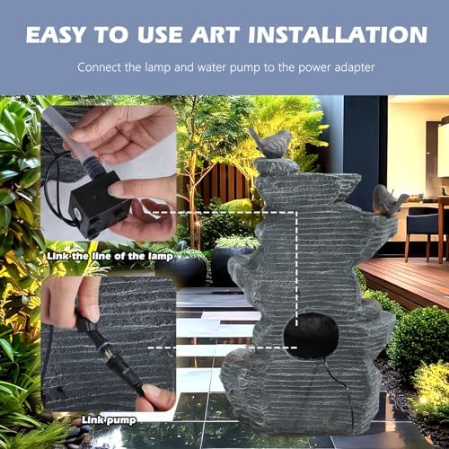 7 Tiers Cascading Rock Water Fountain with LED Lights, Outdoor Waterfall Fountain for Garden, Deck, Backyard, Patio, Porch, Natural Stone Look