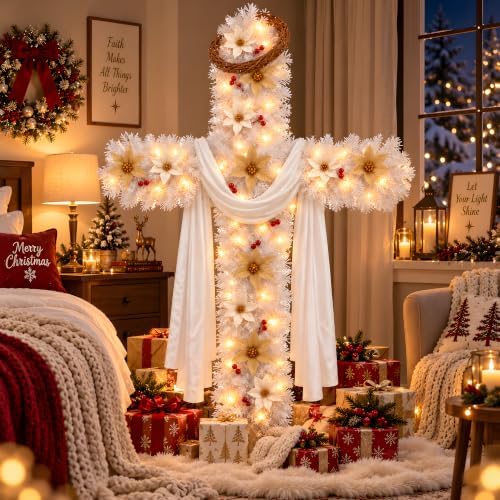 6.2ft Religious Christmas Cross Tree with Light & Scarf