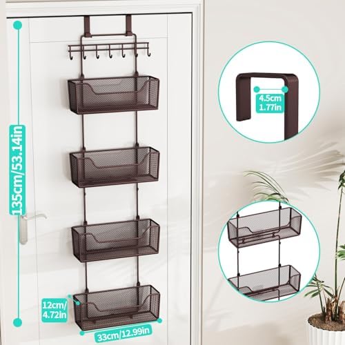 HapiRm Over The Door Organizer - Hanging Door Organizer with 4 Metal Large Capacity Baskets and Adjustable Coat Hook for Bathroom Bedroom Kitchen Pantry Closet Cabinet
