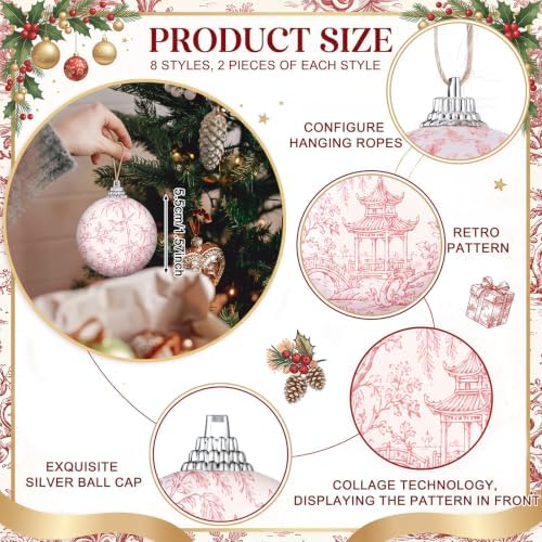 Outus 16Pcs Pink Toile De Jouy Chinoiserie Christmas Ball Tree Ornaments
