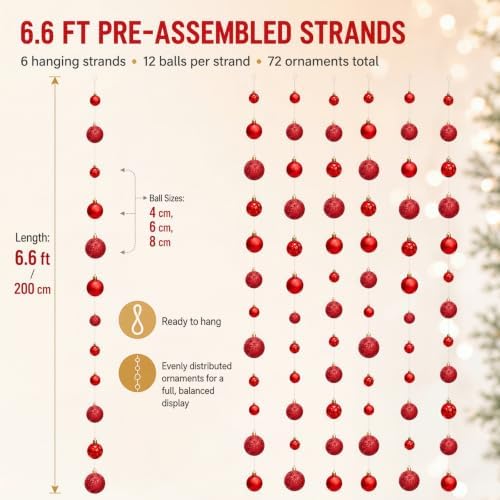 6 Pcs Christmas Ball Garland 6.6 ft Hanging Ornaments Strand, Red