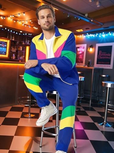 UOUA 80s Outfit for Men 90s Costumes 2 Piece Long Sleeve Track Suit Set