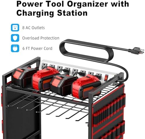 JUNNUJ Power Tool Organizer Cart with Charging Station, 10 FT Cord, Red
