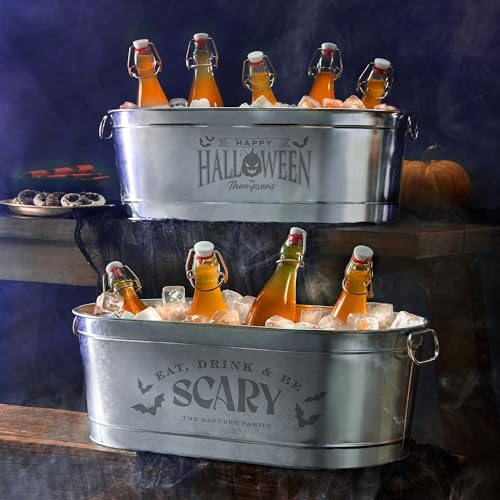 Let's Make Memories Personalized Beverage Tub - Halloween Party - Halloween Decorations - Galvanized Metal Drink Tub - Trick or Treat Candy Bowl - 5.5 Gallons - Tombstone Name