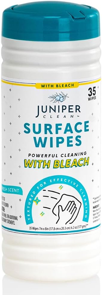 Juniper CLEAN 1 Pack Surface Cleaning Wipes with Bleach, All-Purpose Cleaner for Bathroom, Kitchen, Office, 35 Count Canister, 7.5" x 7" Sheet, Fresh Scent, Lint Free & Durable