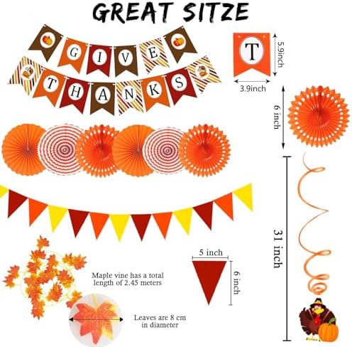 Fecedy Give Thanks Pumpkin Maple leaf Paper Banner Triangle Flag Bunting Maple Leaf Hanging Garland Paper Fan Flower Swirl Streamers for Thanksgiving Day Party Decoration