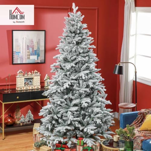 HOMCOM 8ft Snow Flocked Artificial Christmas Tree Hinged Xmas Tree Green