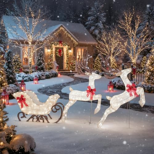 Tangkula 3-Piece Christmas Lighted Reindeer & Sleigh Set, Cold White