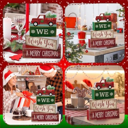 Lineshading 4 Pcs Wooden Red Truck Christmas Decor Block Signs