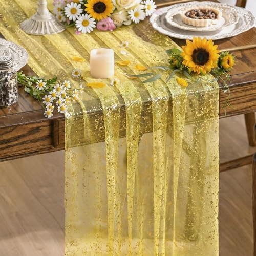 Artoid Mode Light Yellow Gold Gauze Table Runner 120 Inch 10FT, Glitter Metallic Foil Sheer Dining Wedding Anniversary Holiday Birthday Table Decor for Home Party