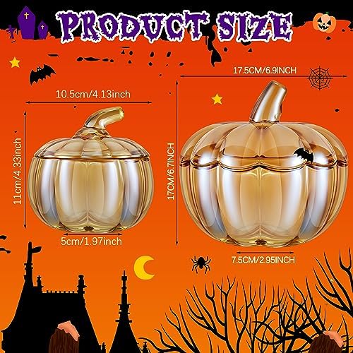 2 Pcs Glass Pumpkin Candy Jar with Lid Halloween Fall, 70 Oz,20 oz, Amber