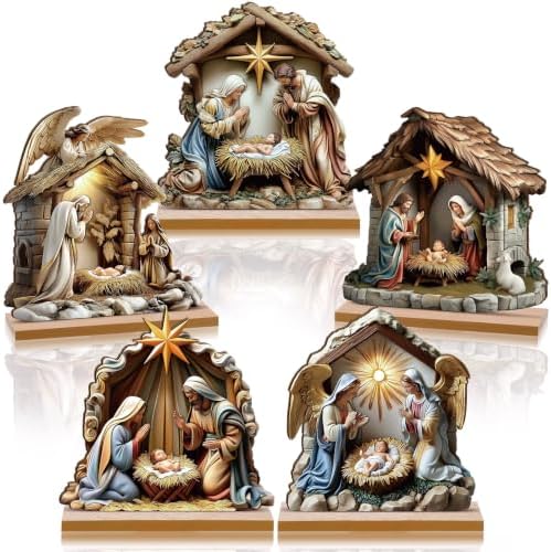 RattanView 5 Pcs Christmas Table Decorations Wooden Christian Religious Decoration Nativity Scene Centerpiece Holy Night Tiered Tray Decor Nativity Scene Christmas Block Signs for Home Kitchen Shelf