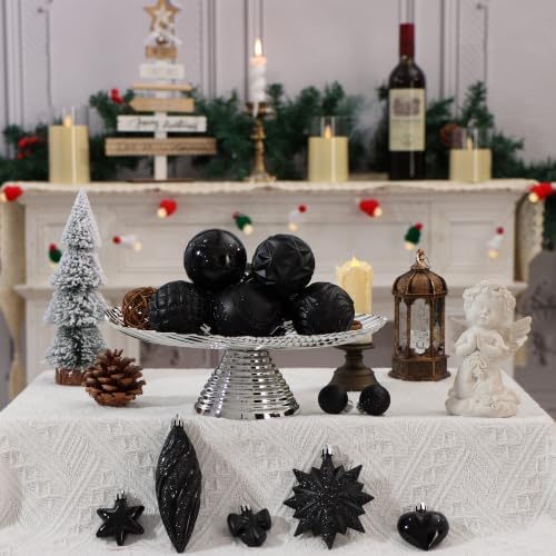 82Pcs Christmas Tree Ornaments Set,Shatterproof Christmas Decorations for Tree Assorted Plastic Craft Baubles Snowflake Ball Ornaments with Durable String for Holiday Party Decor (Black)