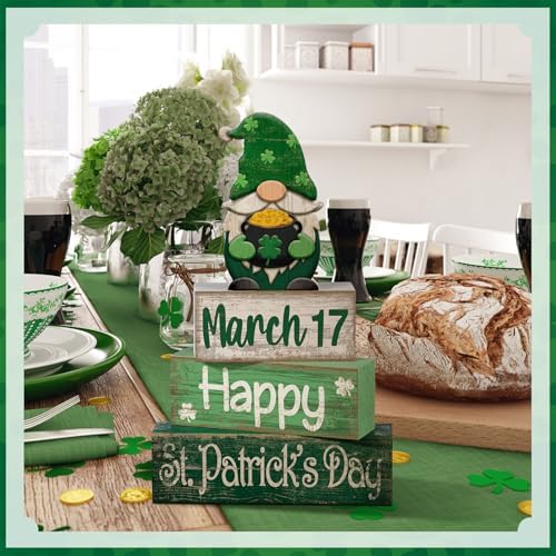 Lineshading 4 Pcs St Patricks Day Tiered Tray Decor Wooden Gnome Blocks