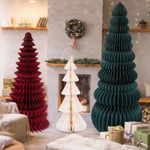 3 Pcs Large Honeycomb Christmas Tree,Classic,Green, Red, White