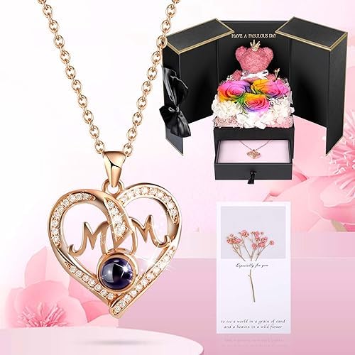ADDWel Unique Gifts for Mom from Daughter Son, Rainbow Preserved Rose Gift Box with MOM Necklace, I Love You Necklace in 100 Languages, Birthday Mother’s Day Gifts for Mom