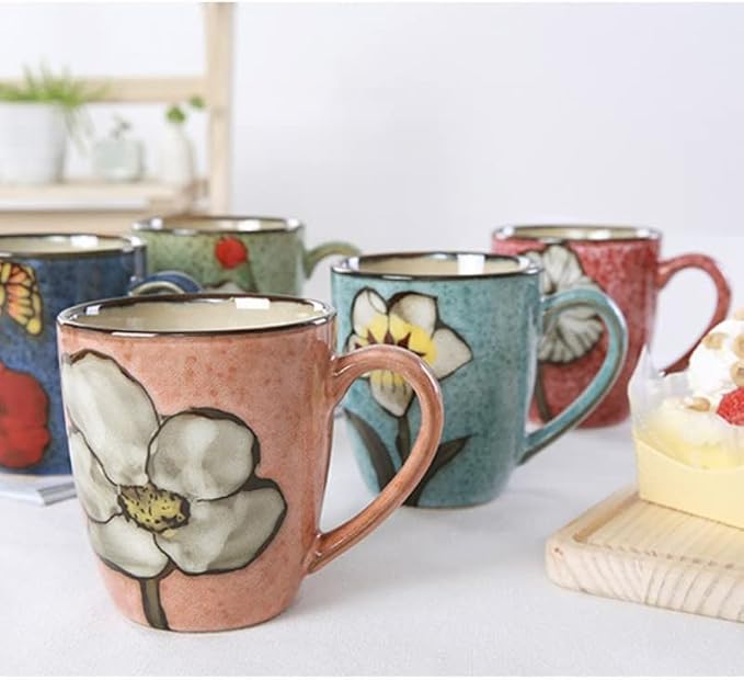 Ceramics 12oz Coffee mugs,Coffee cups,Tea mugs,Kiln Glazing Process,Microwave and Dishwasher Safe, Perfect For Tea, Espresso, Latte - Porcelain Mugs for Kitchen or Cafe (Red+Blue+Green+Pink)