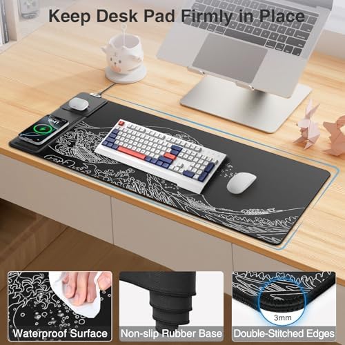 Wireless Charging Mouse Pad with Phone Holder, 31.5"x15.8" in, Black Wave