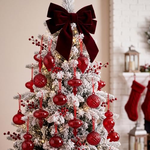 Hungdao 14pcs Vintage Christmas Ornaments Retro Glass Balls, Red