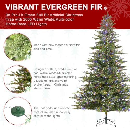 Glitzhome Artificial Christmas Tree, 9ft Vibrant Evergreen Fir Christmas Trees Prelit with 2,000 Warm White/Multi-Color Lights, 9 Function w/Foot Pedal and Remote Control, Easy Assembly