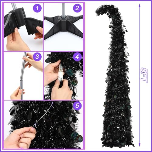 Aurelema 5 ft Curved Halloween Pop up Christmas Tree with Lights Tinsel