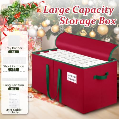 SeasonBliss Christmas Ornament Storage Box, Large Holds 128 Balls, Red