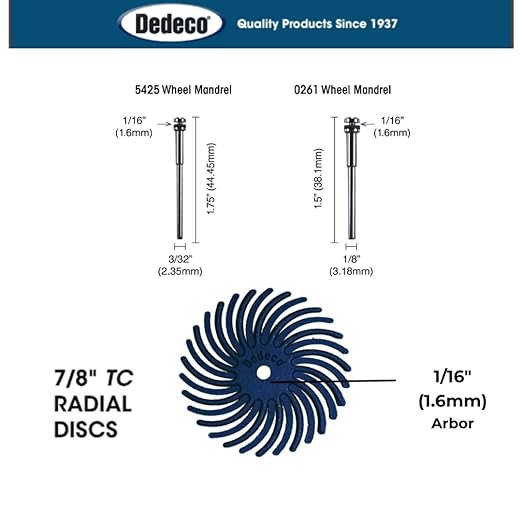 Dedeco Sunburst Radial Bristle Discs 48-Pack - 7/8" Curved - Blue 400 Grit (Fine) - Aluminum Oxide for Polishing & Finishing