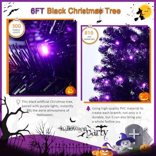 6FT Black Christmas Tree Prelit - Artificial Halloween Tree with 300 LED Purple Lights & 810 PVC Branch Tips, Holiday Decoration for Christmas Halloween