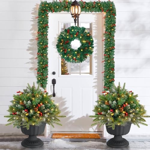 Christmas Tree Urn Filler, Battery Operated with Timer, Pre-lit Warm White & Multi-Color Changing LED Lights, Artificial Xmas Tree for Porch, Pathway, Yard, Outdoor Holiday Decoration (2, with Snow)