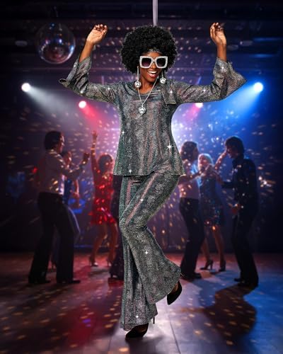 Jexine 70s Disco Outfit Women Sequin Sparkly Costume