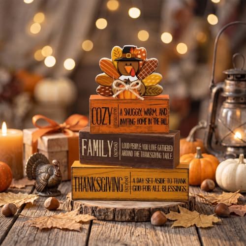Moucuny 4 Pcs Thanksgiving Table Decoration, Cozy Turkey Wooden Block Signs