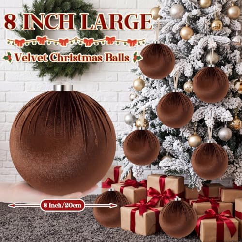 Weysat 6 PCS 8" Extra Large Velvet Christmas Ball Ornaments, Brown