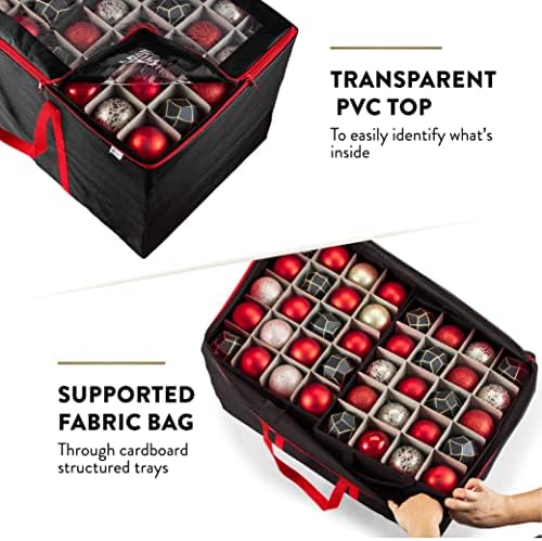 Premium Large Carrying Christmas Ornament storage Box with Clear Lid, 3" Compartment, Contains 10 Trays, Keeps 200 Holiday Ornaments & Xmas Accessories, Made Of Tear Proof Made Of 600D Oxford Fabric