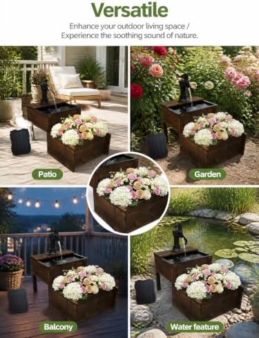 Outdoor Water Fountain, Floor Wooden Rectangular Double-Layer Old-Fashioned Hand Pump Fountain with Flower Box, Solar-Powered Electric Decorative Water Feature for Garden Patio Backyard