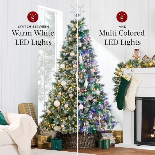 Best Choice Products 9ft Pre-Lit Scotch Pine Christmas Tree, Premium Frosted Pre-Decorated Artificial Holiday Decor w/ 2,020 Branch Tips, 2-in-1 White and Multicolor LED Lights, Cordless Setup