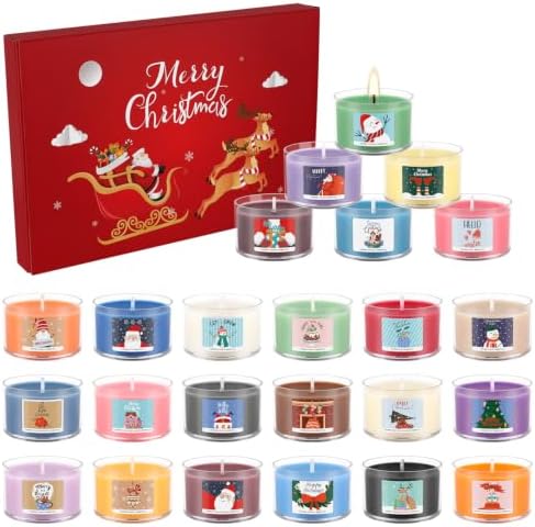 24 Days of Christmas Countdown Alex Transparent Candles, Festive Scented Soy Wax Gift Set, Holiday Aromatherapy Candles for Women, Christmas Decor